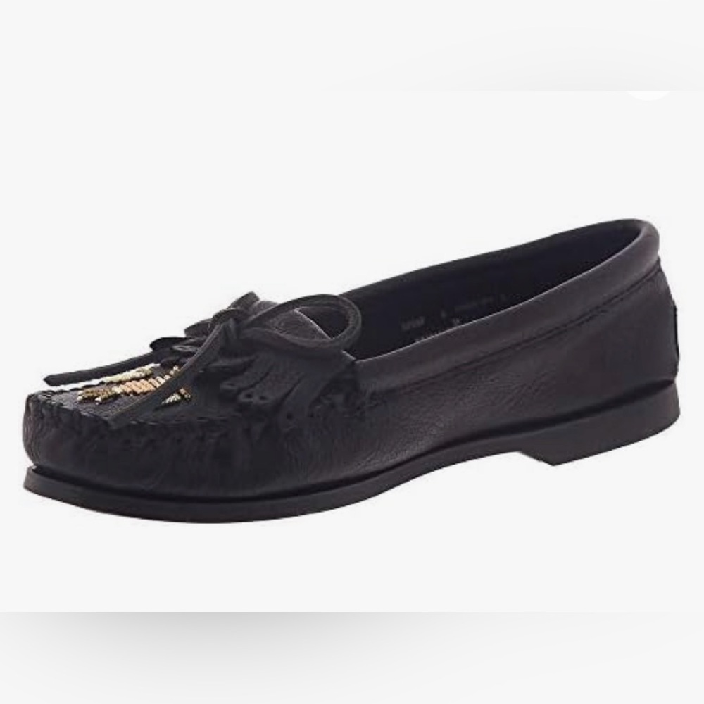 Minnetonka Women's Black Leather Beaded Thunderbird Moccasins